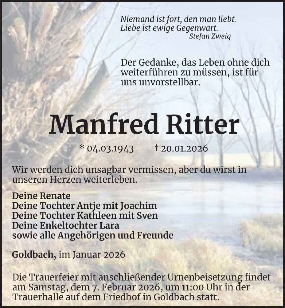  Traueranzeige für Manfred Ritter vom 31.01.2026 aus Thüringer Allgemeine, Thüringische Landeszeitung