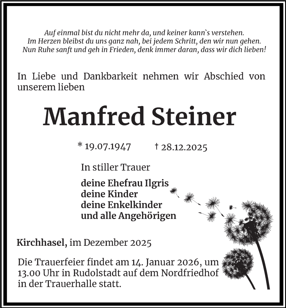 Traueranzeige für Manfred Steiner vom 10.01.2026 aus Ostthüringer Zeitung