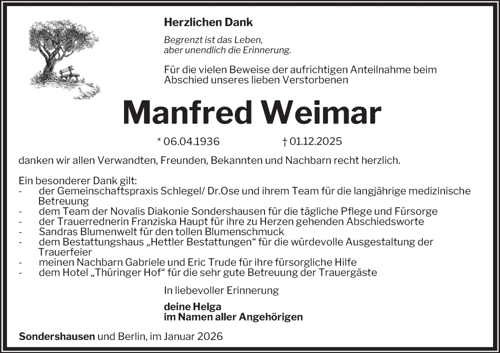  Traueranzeige für Manfred Weimar vom 24.01.2026 aus Thüringer Allgemeine