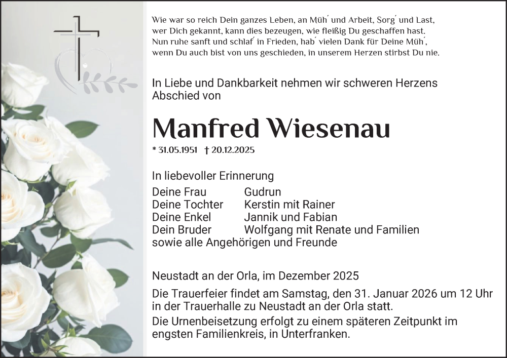 Traueranzeige für Manfred Wiesenau vom 17.01.2026 aus Ostthüringer Zeitung