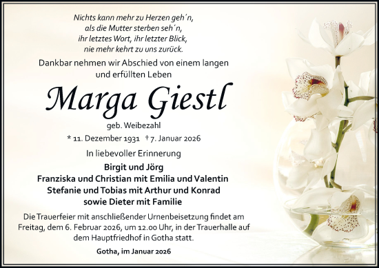 Traueranzeige von Marga Giestl von Thüringer Allgemeine, Thüringische Landeszeitung