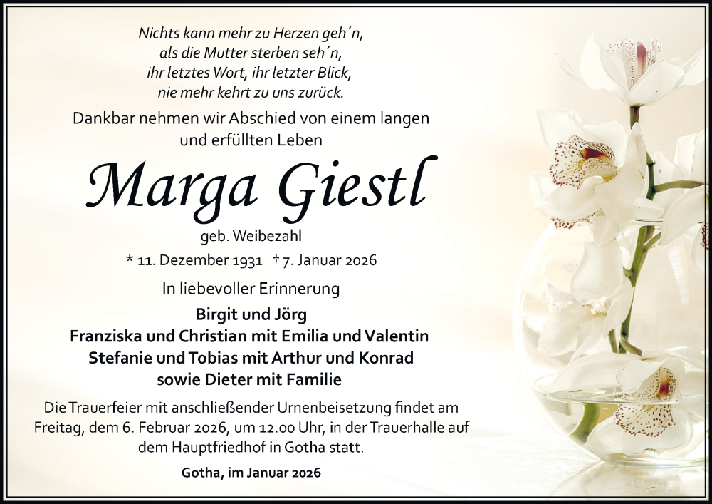  Traueranzeige für Marga Giestl vom 31.01.2026 aus Thüringer Allgemeine, Thüringische Landeszeitung