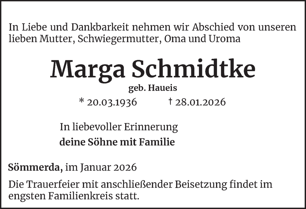  Traueranzeige für Marga Schmidtke vom 31.01.2026 aus Thüringer Allgemeine