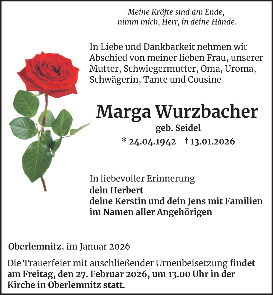  Traueranzeige für Marga Wurzbacher vom 31.01.2026 aus Ostthüringer Zeitung