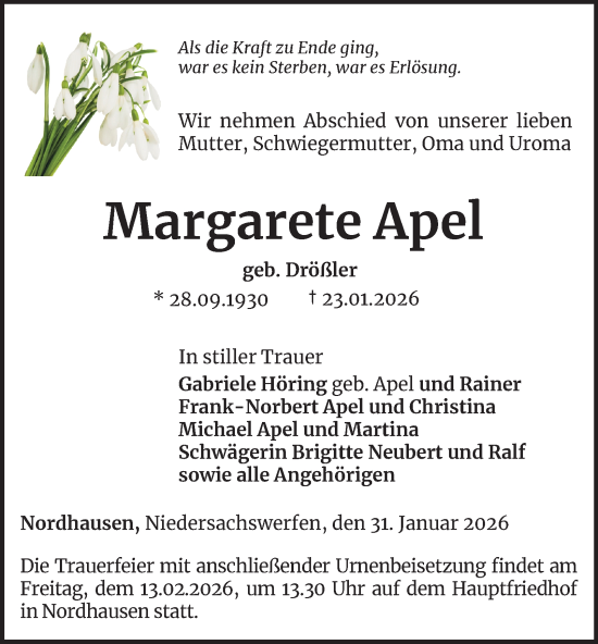 Traueranzeige von Margarete Apel von Thüringer Allgemeine