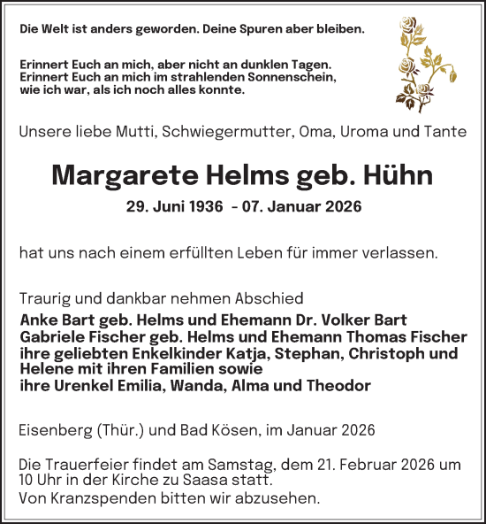 Traueranzeige von Margarete Helms von Ostthüringer Zeitung