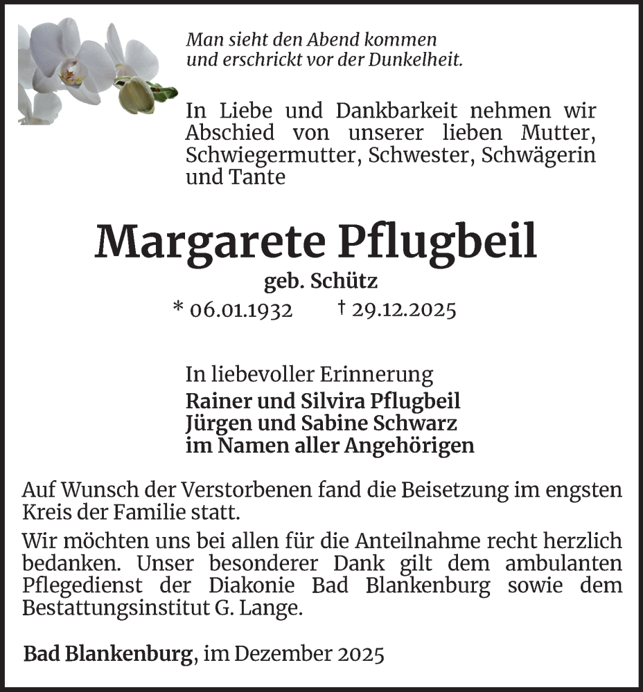  Traueranzeige für Margarete Pflugbeil vom 24.01.2026 aus Ostthüringer Zeitung
