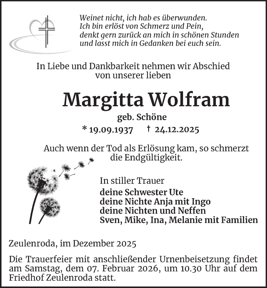  Traueranzeige für Margitta Wolfram vom 03.01.2026 aus Ostthüringer Zeitung