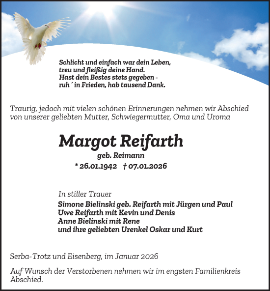 Traueranzeige von Margot Reifarth von Ostthüringer Zeitung