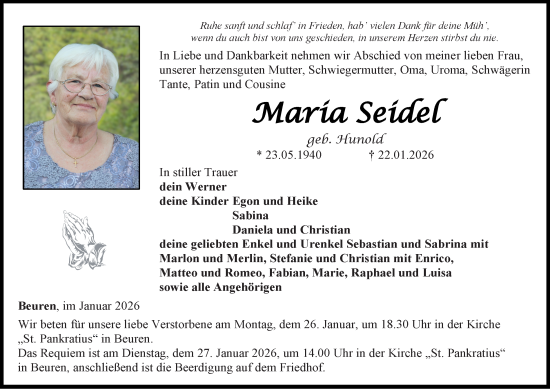 Traueranzeige von Maria Seidel von Thüringer Allgemeine