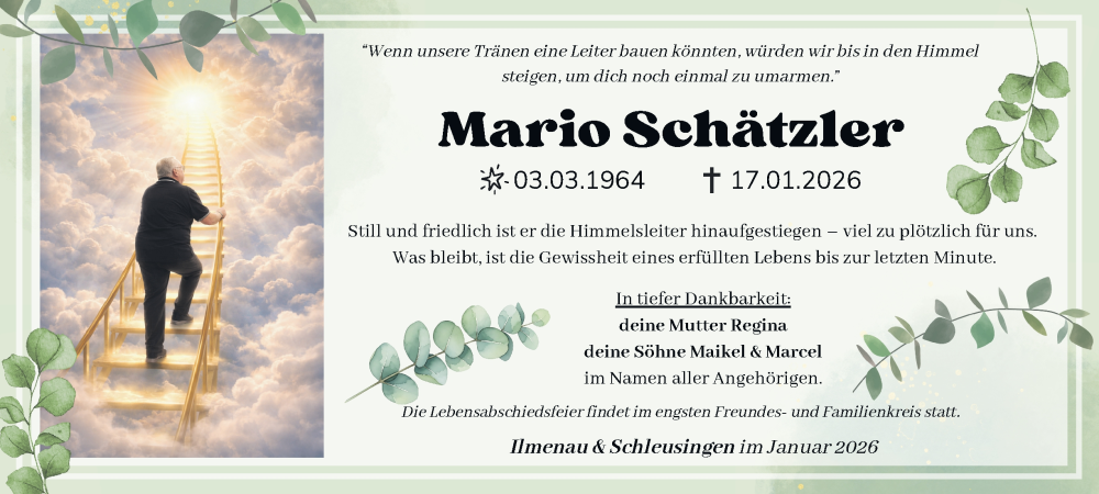  Traueranzeige für Mario Schätzler vom 31.01.2026 aus Thüringer Allgemeine