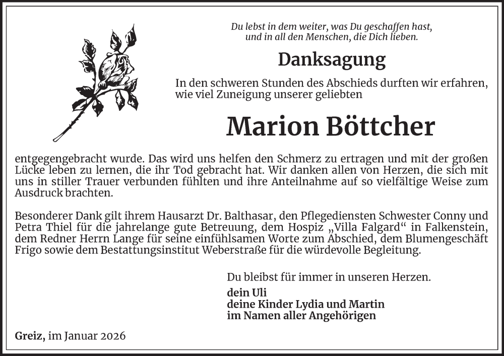  Traueranzeige für Marion Böttcher vom 16.01.2026 aus Ostthüringer Zeitung