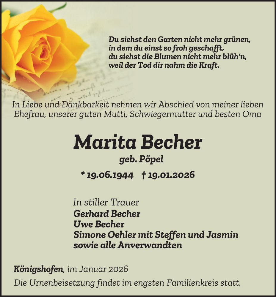  Traueranzeige für Marita Becher vom 24.01.2026 aus Ostthüringer Zeitung