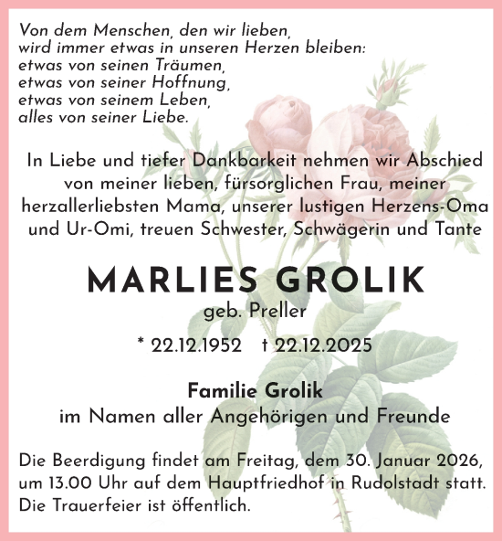 Traueranzeige von Marlies Grolik von Ostthüringer Zeitung