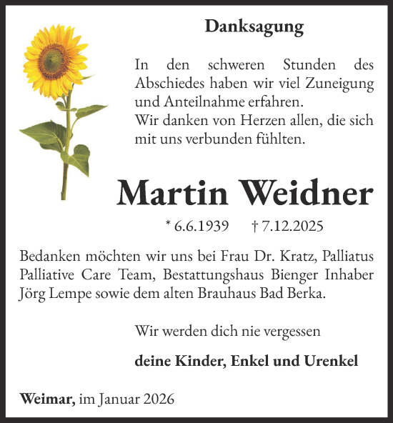 Traueranzeige von Martin Weidner von Thüringer Allgemeine, Thüringische Landeszeitung