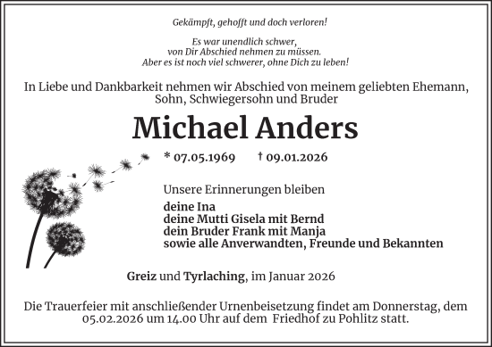 Traueranzeige von Michael Anders von Ostthüringer Zeitung