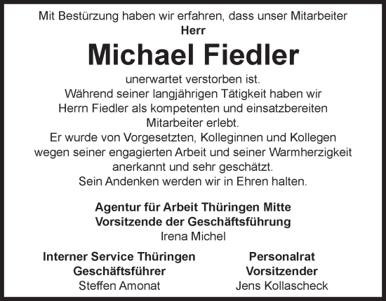 Traueranzeige von Michael Fiedler von Thüringer Allgemeine