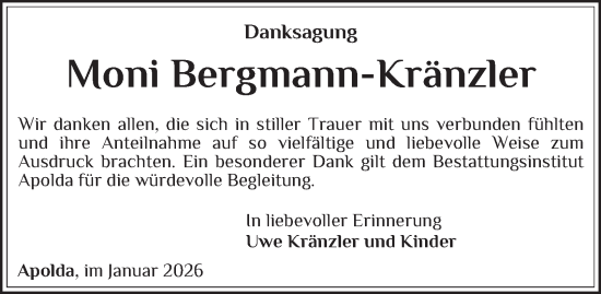 Traueranzeige von Moni Bergmann-Kränzler von Thüringer Allgemeine, Thüringische Landeszeitung