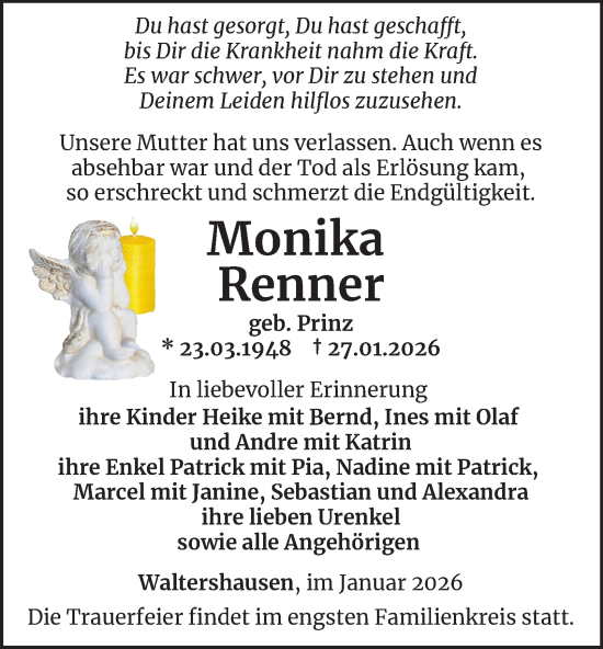 Traueranzeige von Monika Renner von Thüringer Allgemeine, Thüringische Landeszeitung