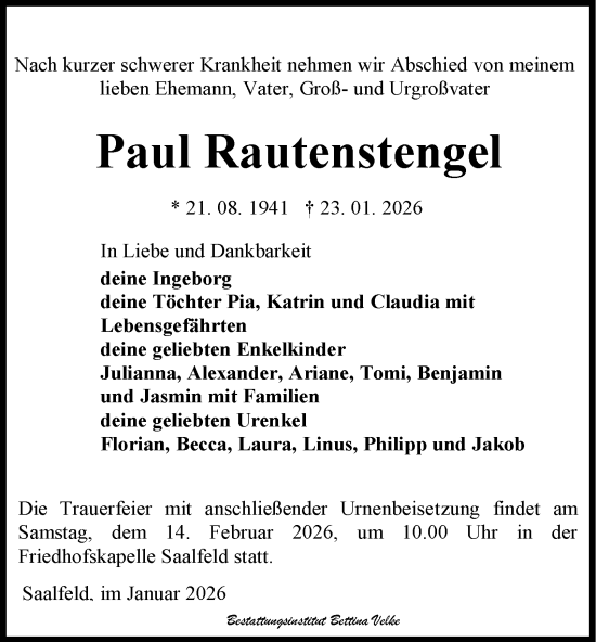 Traueranzeige von Paul Rautenstengel von Ostthüringer Zeitung