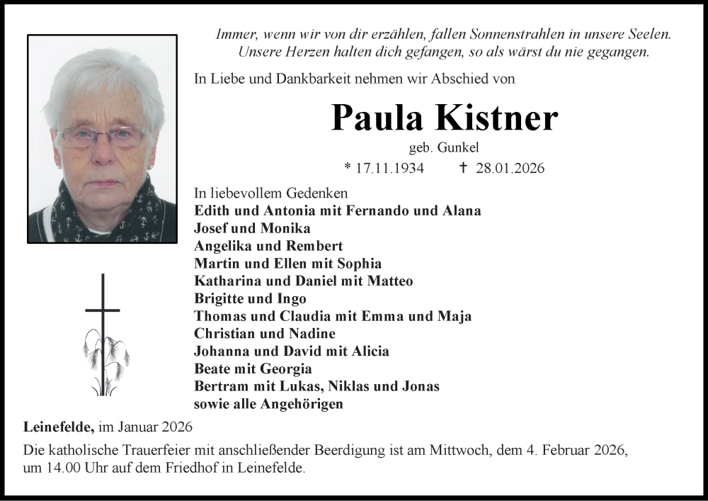  Traueranzeige für Paula Kistner vom 31.01.2026 aus Thüringer Allgemeine