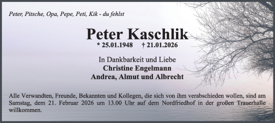 Traueranzeige von Peter Kaschlik von Ostthüringer Zeitung, Thüringische Landeszeitung