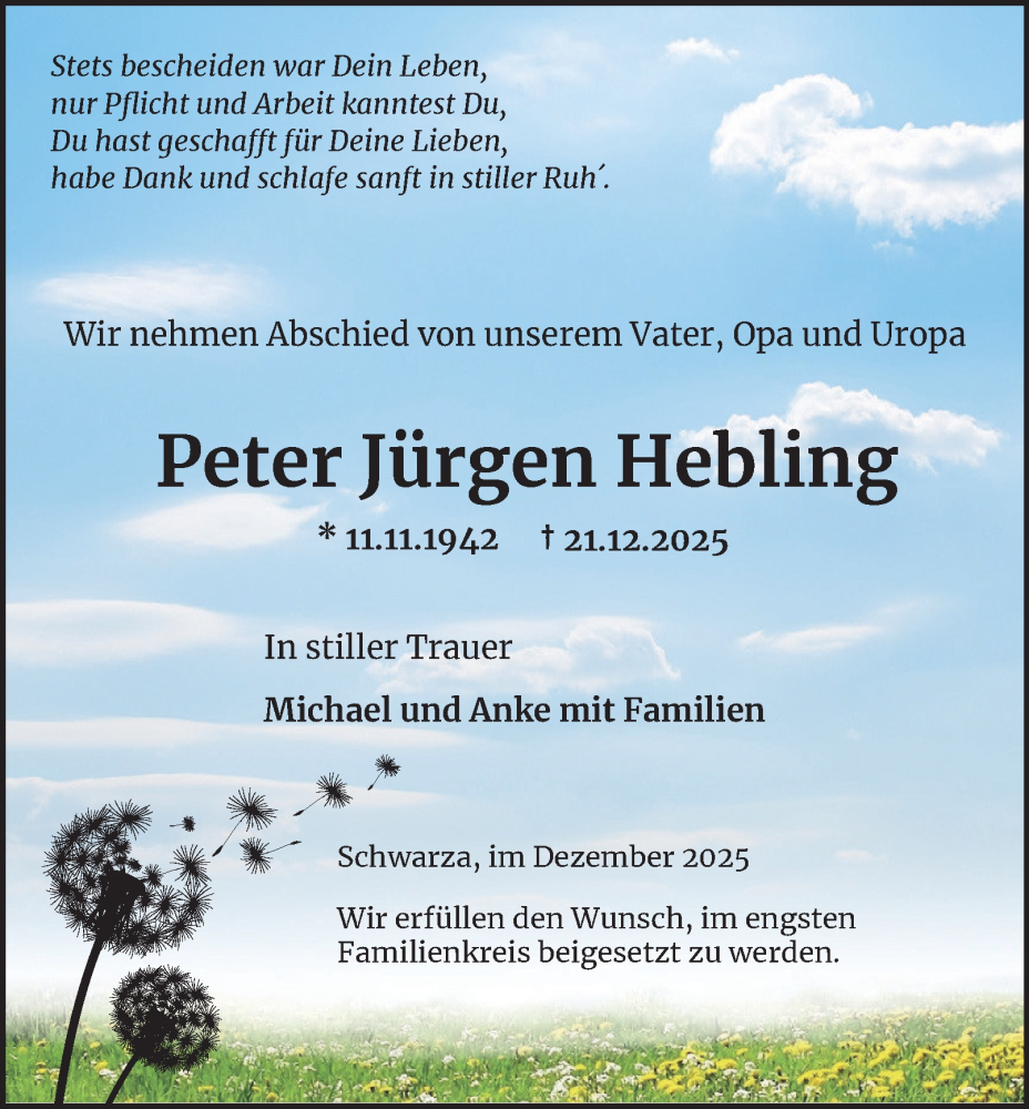  Traueranzeige für Peter Jürgen Hebling vom 03.01.2026 aus Thüringer Allgemeine, Thüringische Landeszeitung