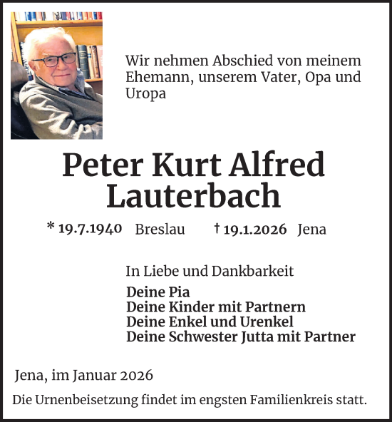 Traueranzeige von Peter Kurt Alfred Lauterbach von Ostthüringer Zeitung, Thüringische Landeszeitung
