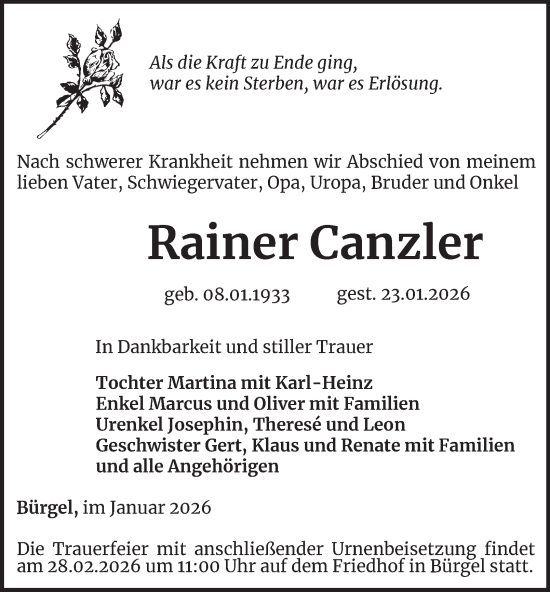 Traueranzeige von Rainer Canzler von Ostthüringer Zeitung