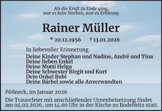 Traueranzeige von Rainer Müller von Ostthüringer Zeitung