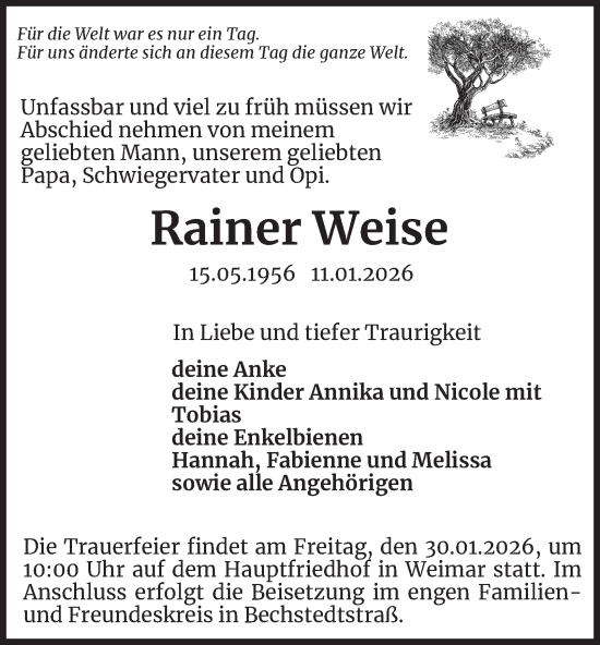 Traueranzeige von Rainer Weise von Thüringer Allgemeine, Thüringische Landeszeitung