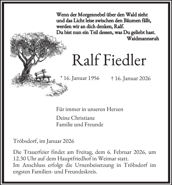 Traueranzeige von Ralf Fiedler von Thüringer Allgemeine, Thüringische Landeszeitung