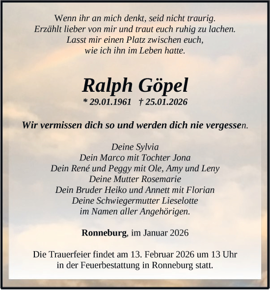 Traueranzeige von Ralph Göpel von Ostthüringer Zeitung