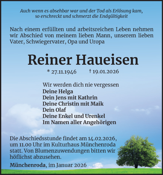 Traueranzeige von Reiner Haueisen von Ostthüringer Zeitung, Thüringische Landeszeitung