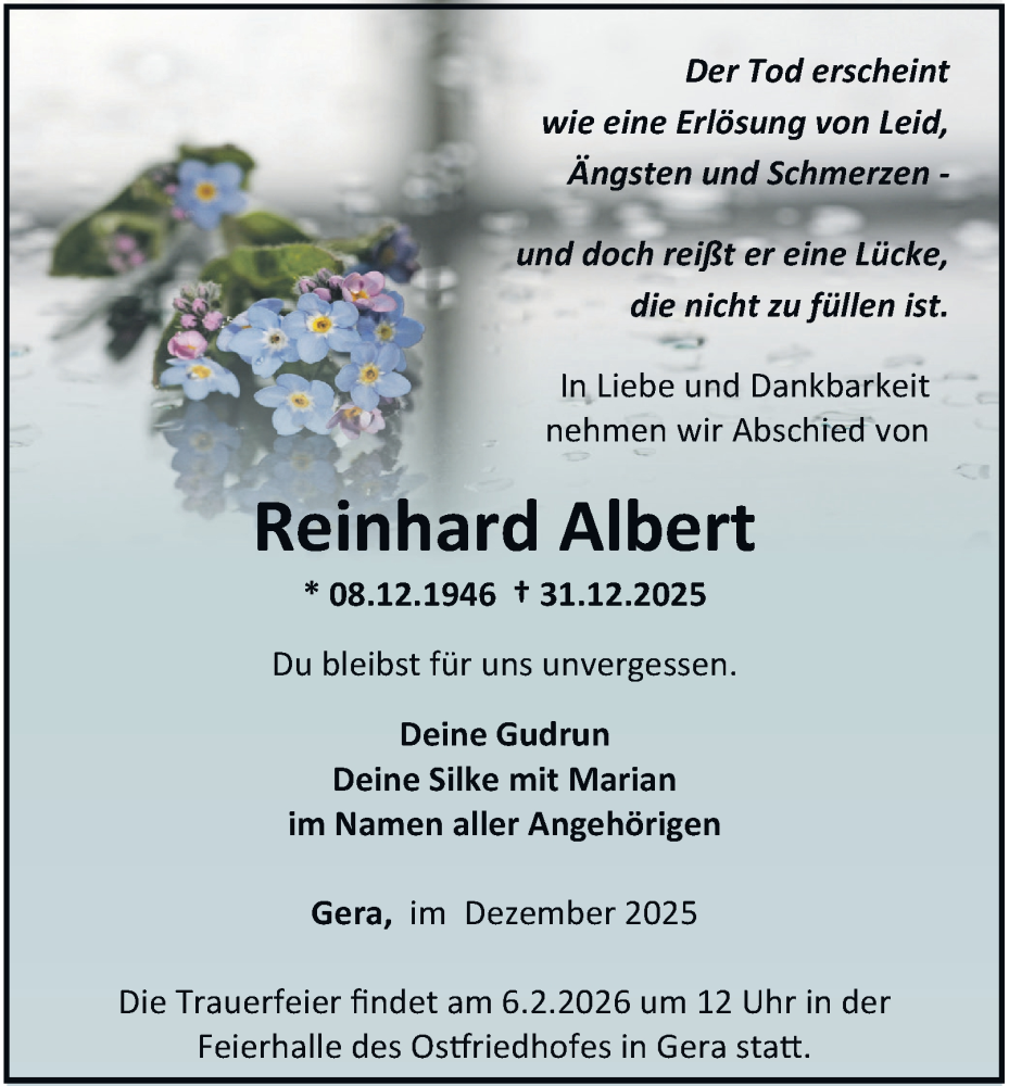  Traueranzeige für Reinhard Albert vom 10.01.2026 aus Ostthüringer Zeitung