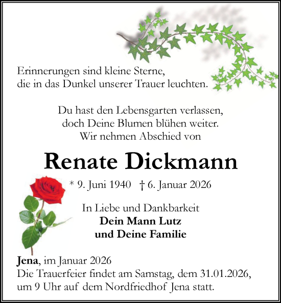 Traueranzeige von Renate Dickmann von Ostthüringer Zeitung, Thüringische Landeszeitung