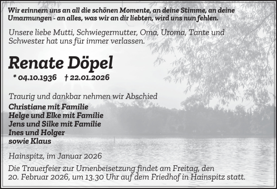 Traueranzeige von Renate Döpel von Ostthüringer Zeitung