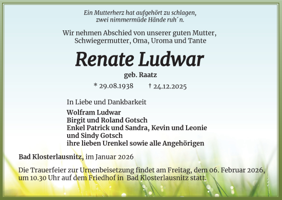 Traueranzeige von Renate Ludwar von Ostthüringer Zeitung