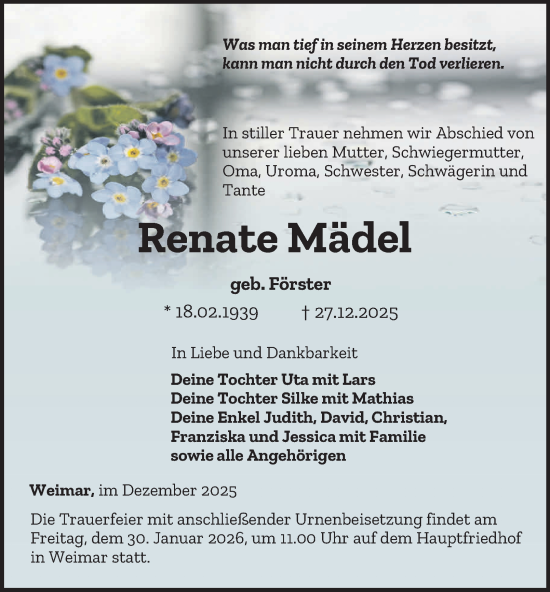 Traueranzeige von Renate Mädel von Thüringer Allgemeine, Thüringische Landeszeitung