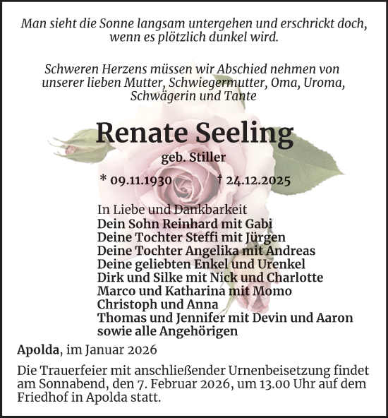 Traueranzeige von Renate Seeling von Thüringer Allgemeine, Thüringische Landeszeitung