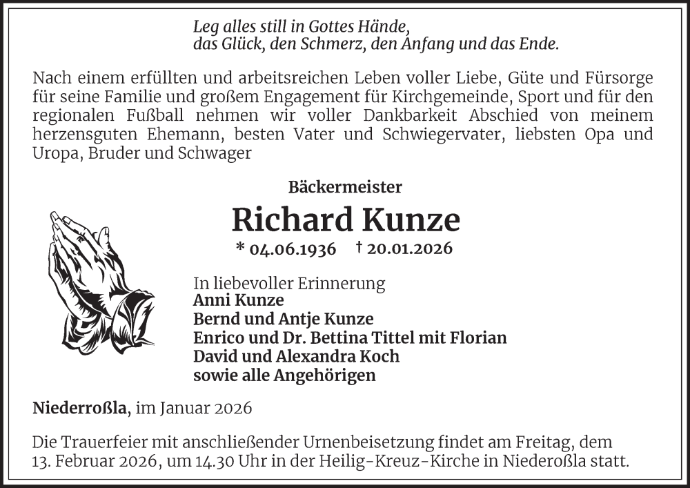  Traueranzeige für Richard Kunze vom 31.01.2026 aus Thüringer Allgemeine, Thüringische Landeszeitung