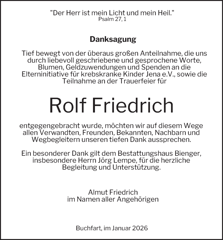  Traueranzeige für Rolf Friedrich vom 24.01.2026 aus Thüringer Allgemeine, Thüringische Landeszeitung