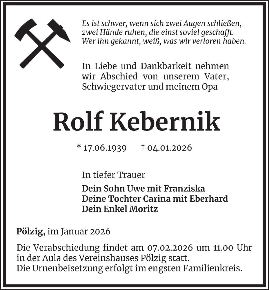  Traueranzeige für Rolf Kebernik vom 24.01.2026 aus Ostthüringer Zeitung