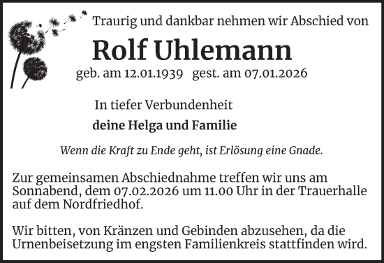 Traueranzeige von Rolf Uhlemann von Ostthüringer Zeitung