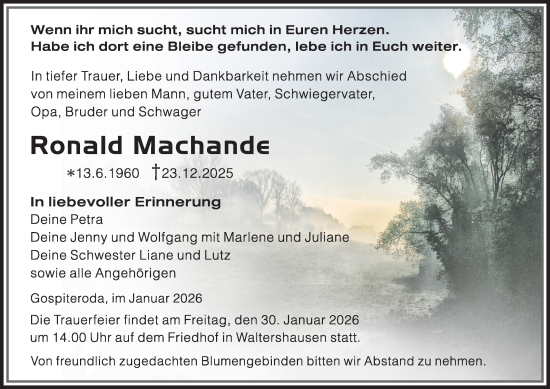 Traueranzeige von Ronald Machande von Thüringer Allgemeine, Thüringische Landeszeitung
