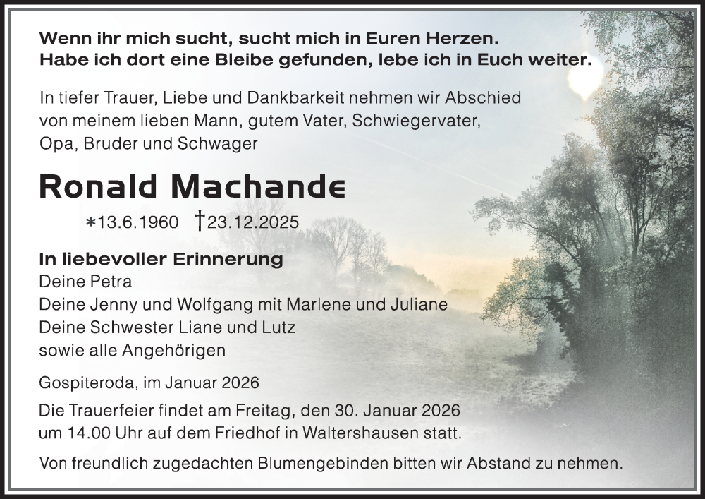  Traueranzeige für Ronald Machande vom 24.01.2026 aus Thüringer Allgemeine, Thüringische Landeszeitung