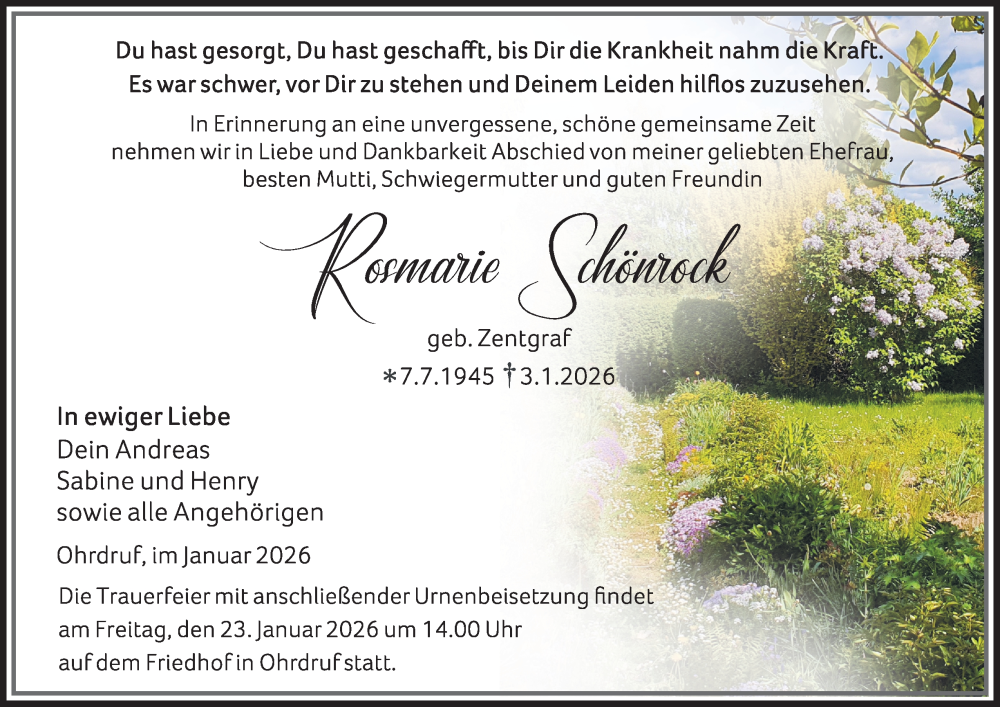  Traueranzeige für Rosemarie Schönrock vom 10.01.2026 aus Thüringer Allgemeine, Thüringische Landeszeitung