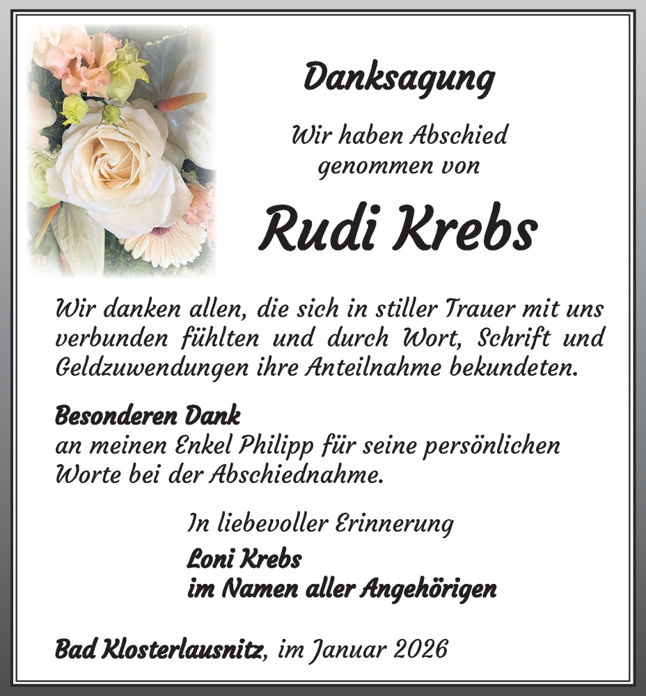  Traueranzeige für Rudi Krebs vom 17.01.2026 aus Ostthüringer Zeitung