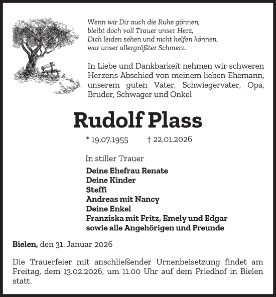 Traueranzeige von Rudolf Plass von Thüringer Allgemeine