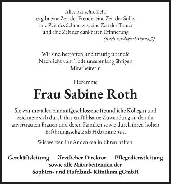 Traueranzeige von Sabine Roth von Thüringer Allgemeine